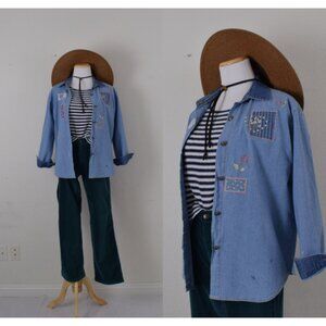 Vintage 80s Embroidered Denim‎ Shirt size PS